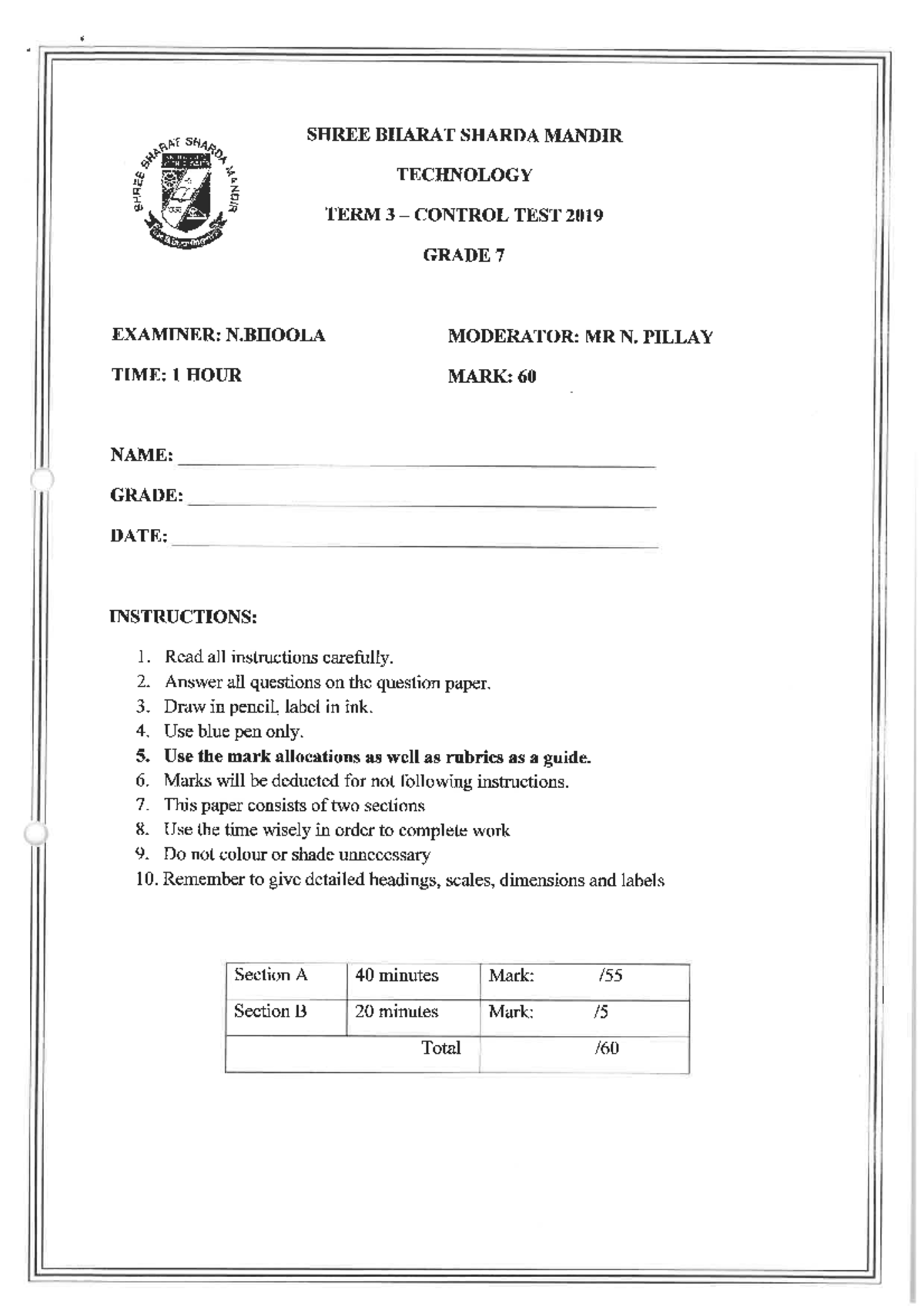 TECH - Grade 7 - 2019 - Term 3 Control Test Exam Questions - Studocu