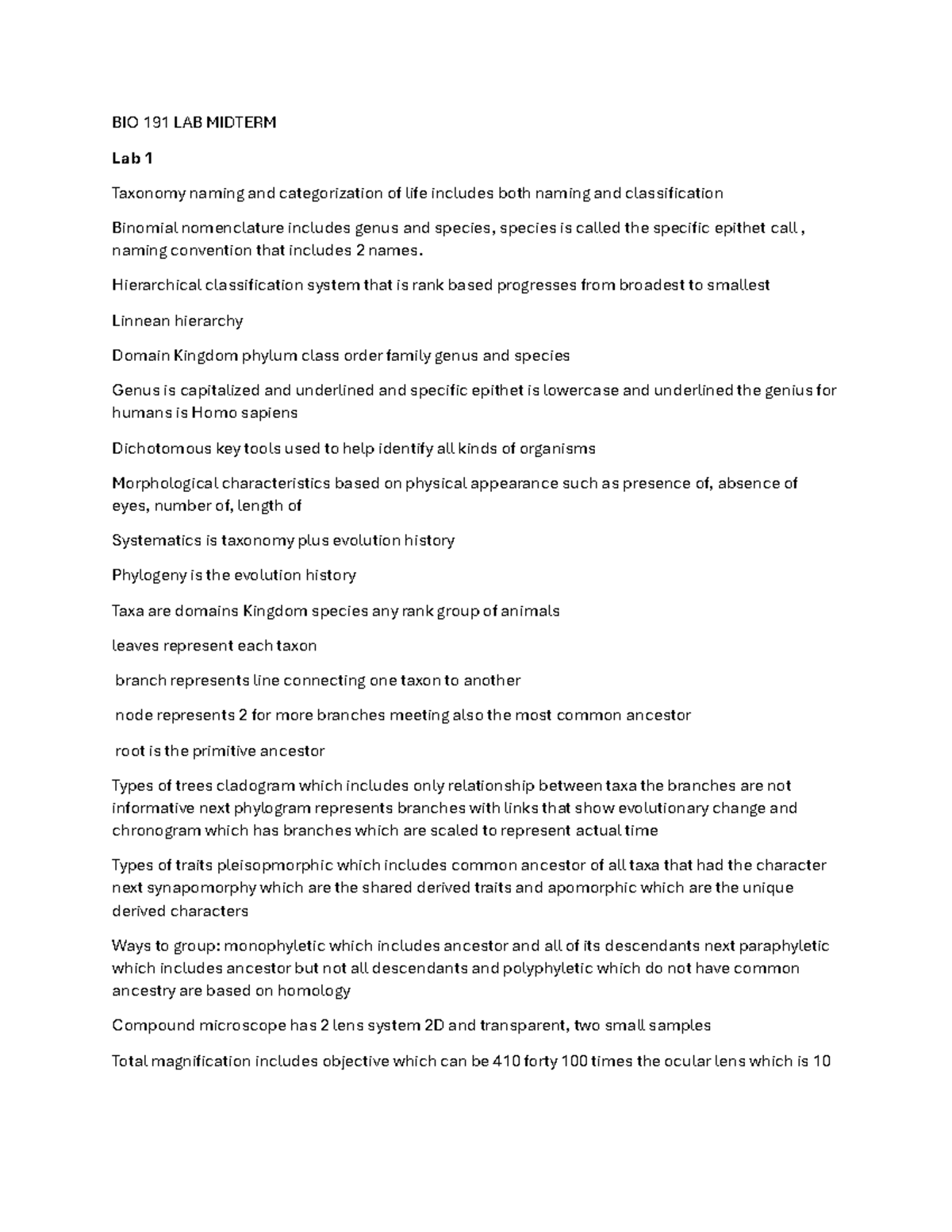 BIO 191 LAB MIDTERM Study Guide: Taxonomy, Classification & Organisms ...