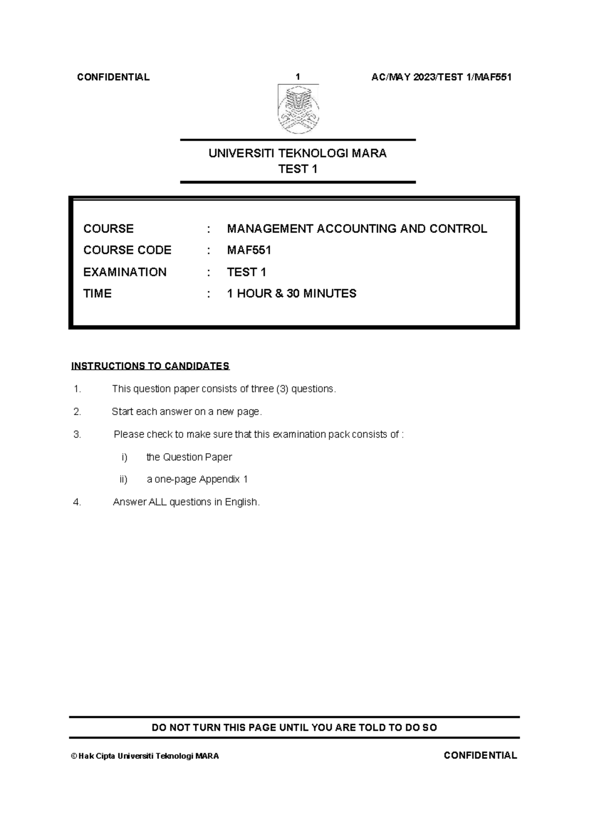 TEST 1 MAF551: Management Accounting and Control Exam Questions - Studocu