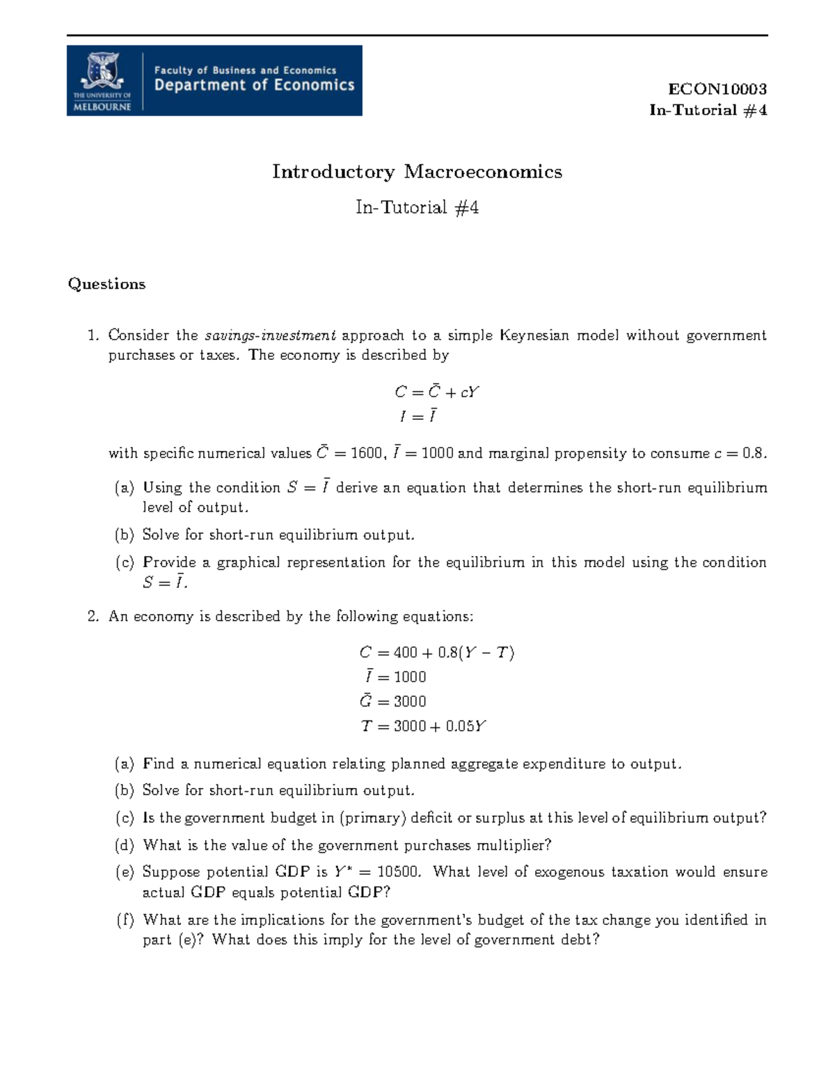 Tutorial 4 - practice questions for introductory macroeconomics - Studocu