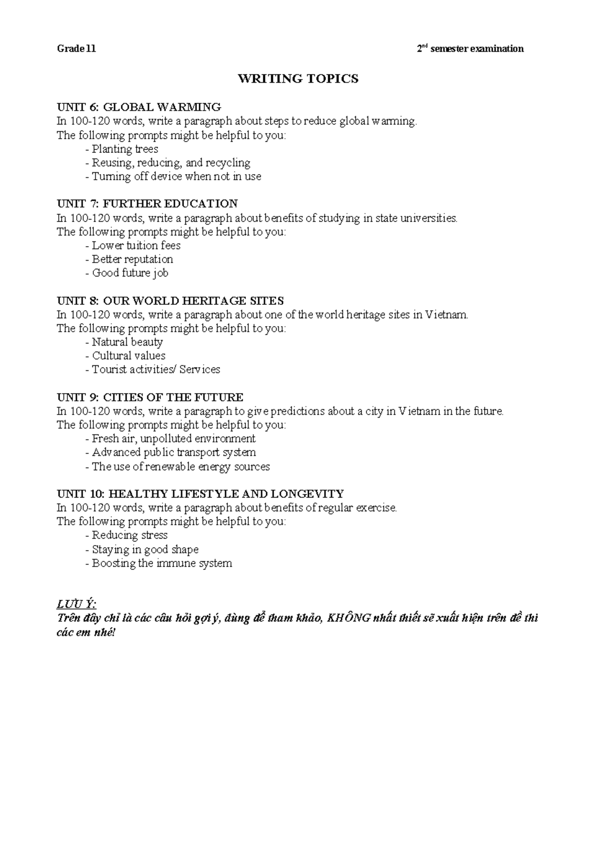 Grade 11 Writing Topics for 2nd Semester Exam 21-22 - Studocu