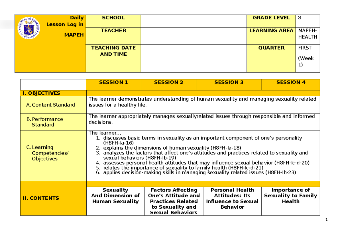 Q1 Health 8 WEEK 1 Lesson Log on Human Sexuality and Attitudes - Studocu