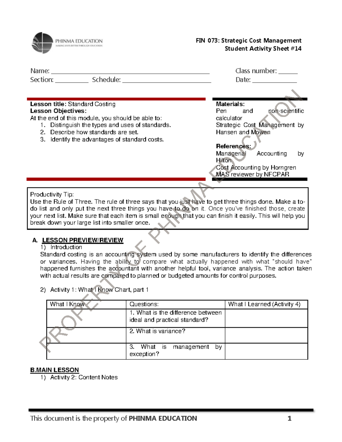 FIN 073: Strategic Cost Management - Standard Costing Lesson Notes ...