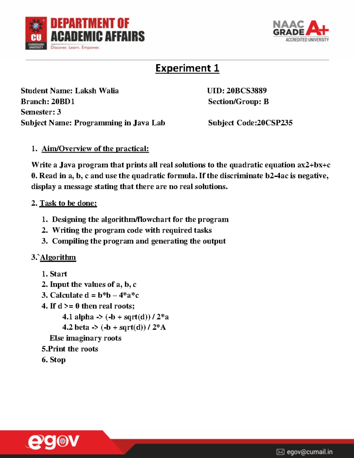 Java Lab Worksheet - Quadratic Equation Solutions (20CSP) - Studocu