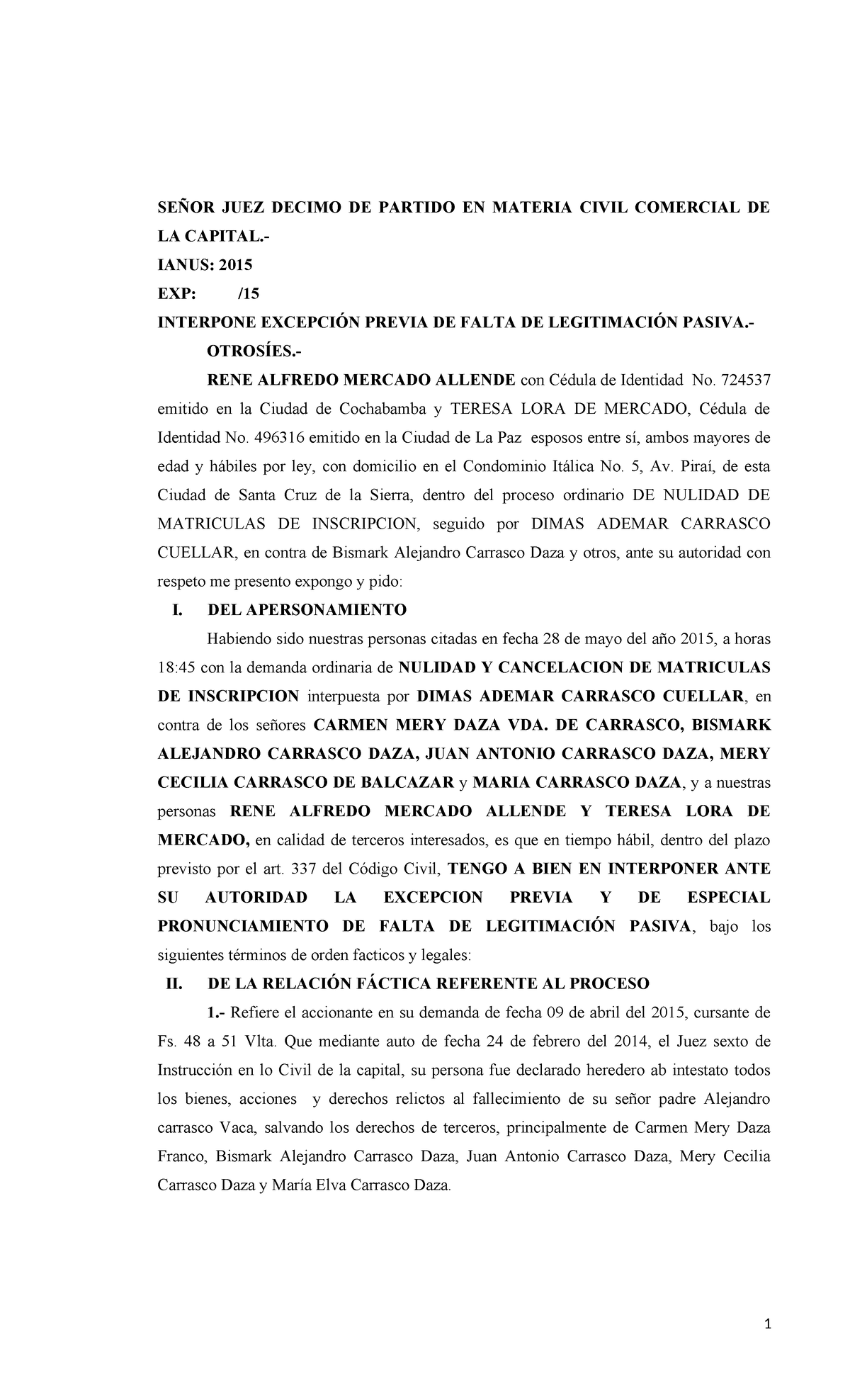 Memorial de Excepción de Falta de Legitimación Pasiva - IANUS 2015 - Document Preview