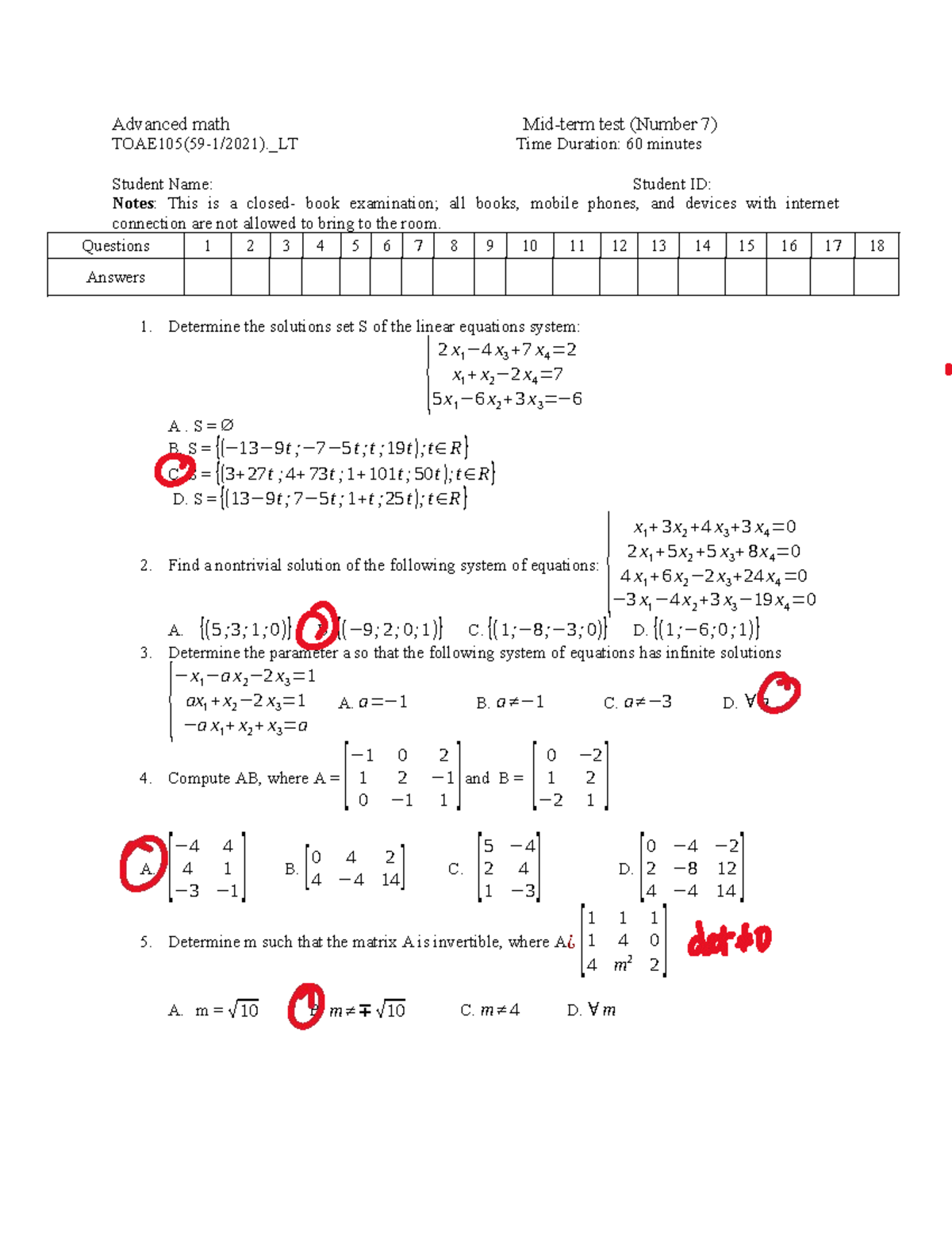 Advanced Math Test (Number 7) - Solutions and Analysis - Studocu