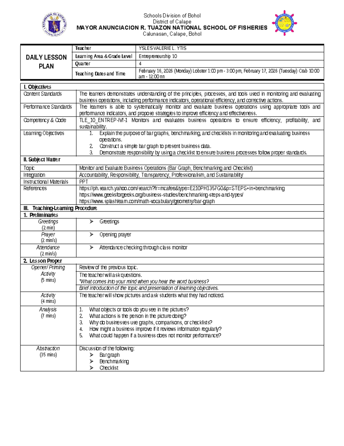 Entrep 10 - Daily Lesson Plan: Monitoring Business Operations - Studocu