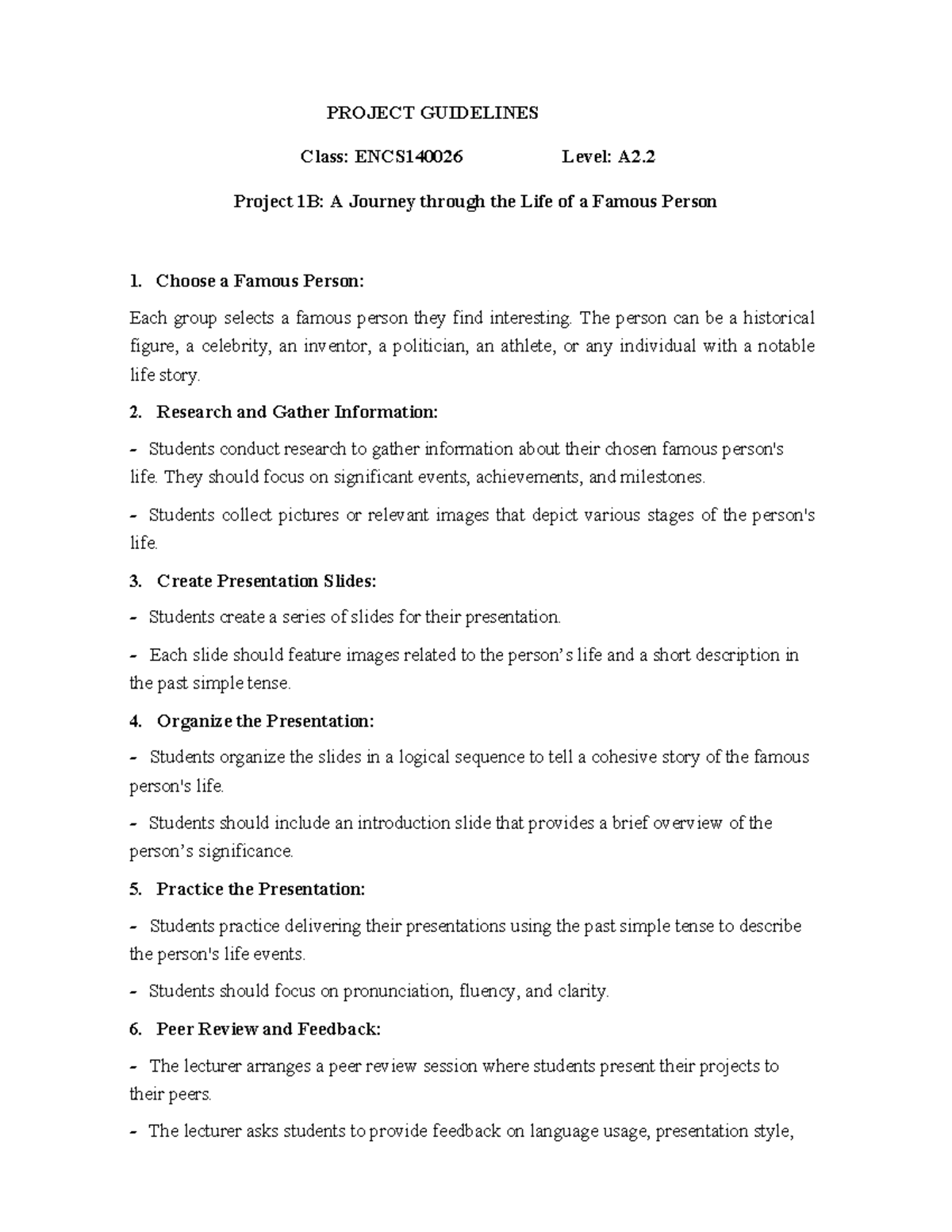 ECS1 - Project 1B - PROJECT GUIDELINES Class: ENCS140026 Level: A2 ...