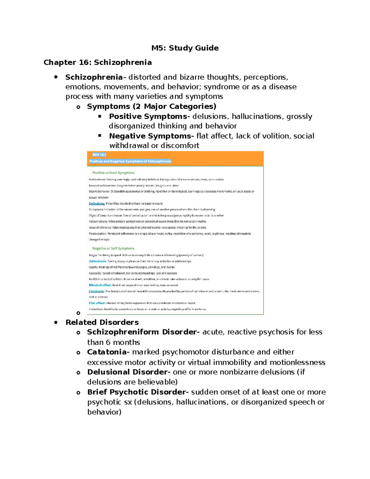 M5: Study Guide on Schizophrenia and Mood Disorders - Studocu