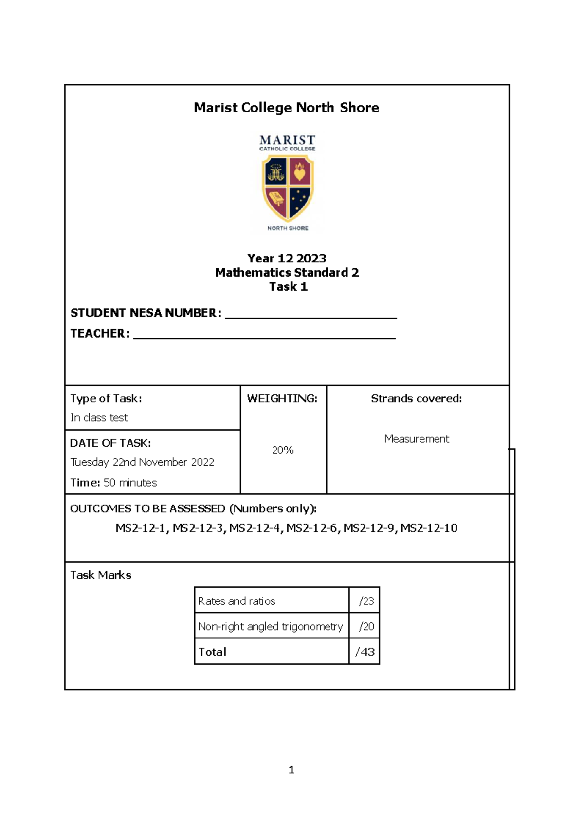 2022 12MS2 AT1 Mathematics Standard 2 In-Class Test Notes - Studocu