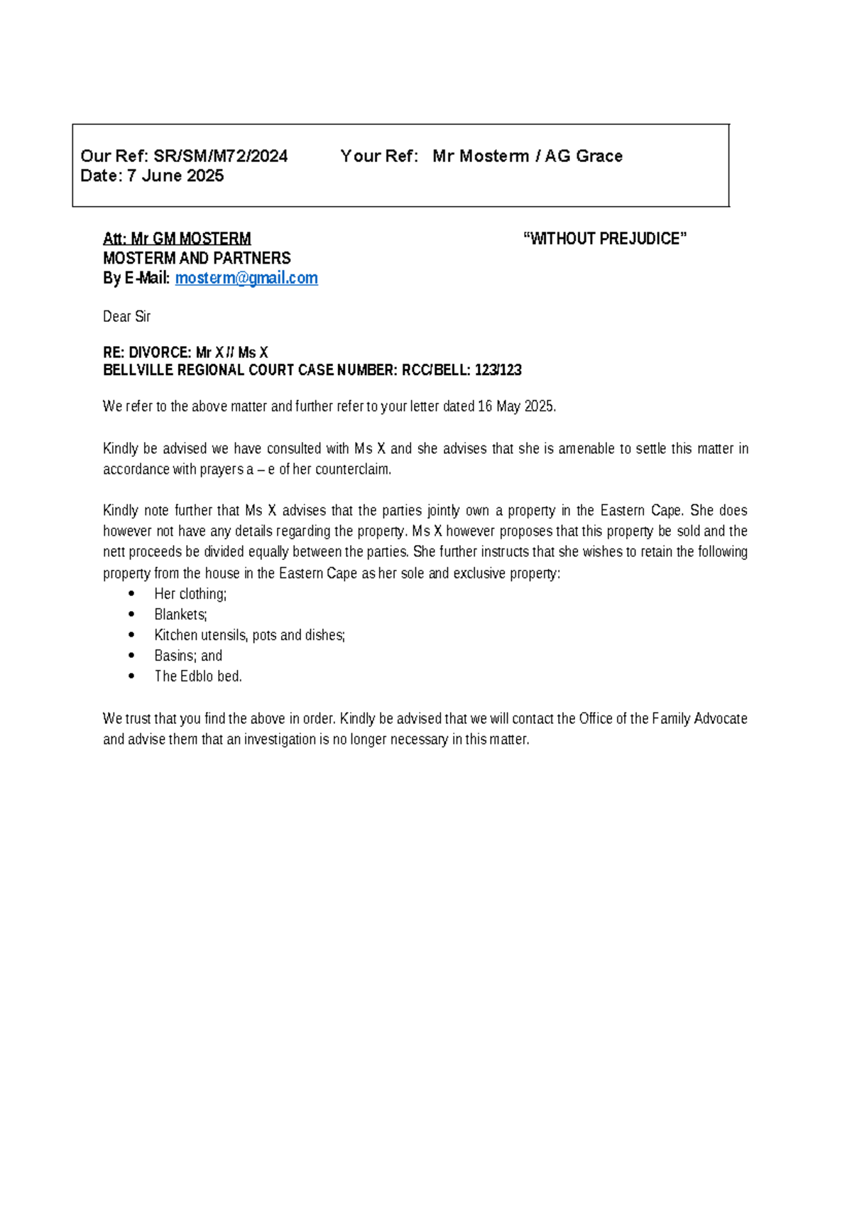 Example Letter to Opposing Counsel: Divorce Case Settlement - Studocu