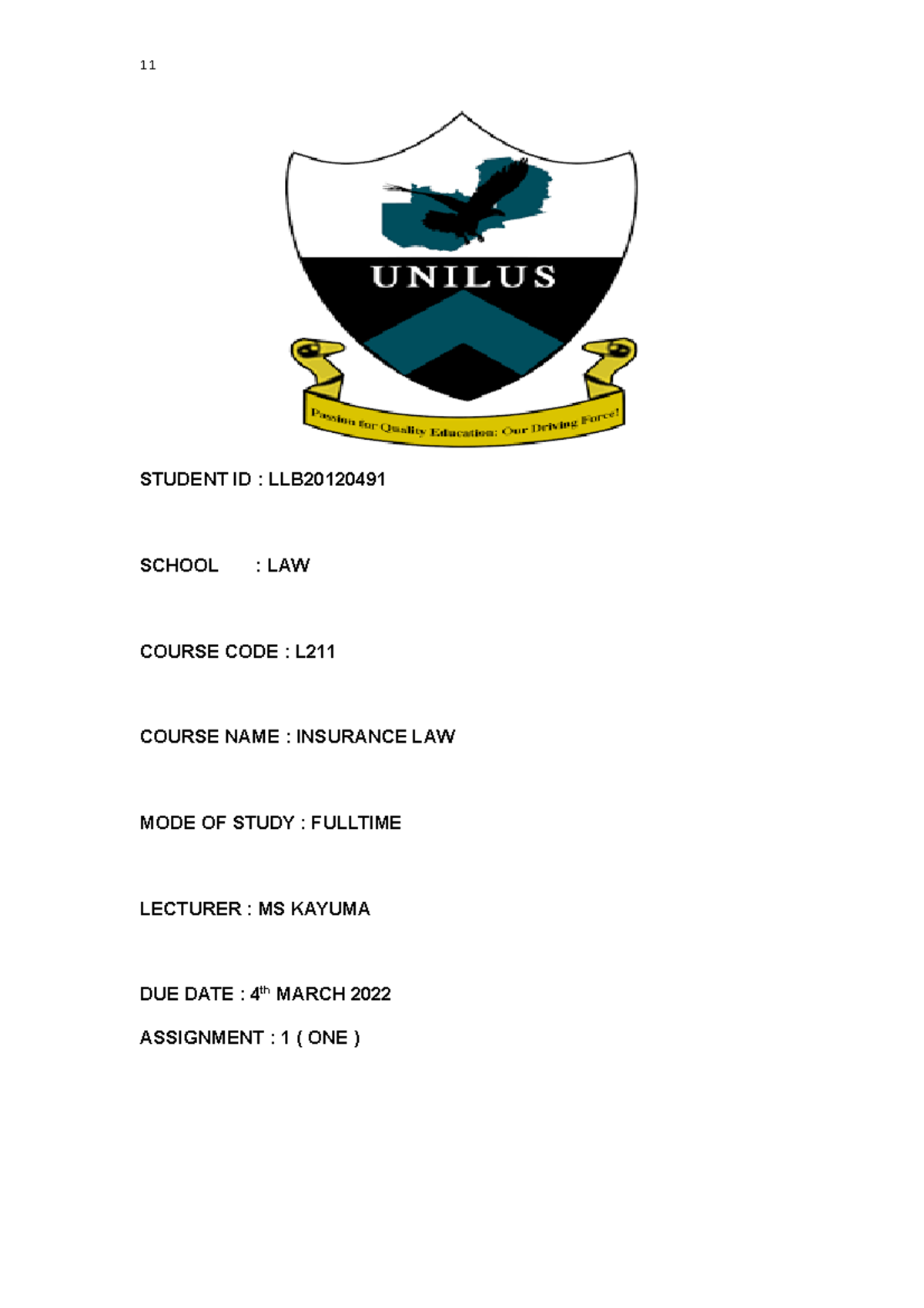 WORK 1 - Good material to work with - 1 STUDENT ID : LLB SCHOOL : LAW ...