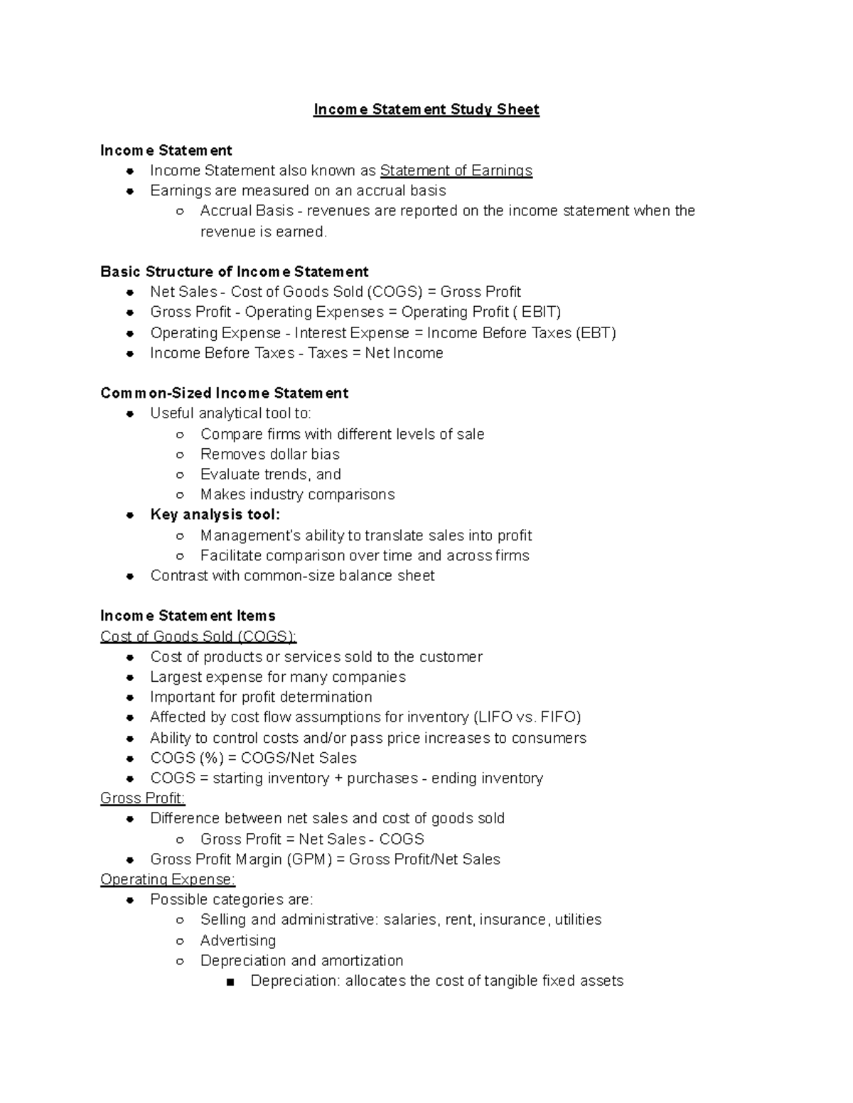 Income Statement Study Sheet - Key Concepts and Analysis - Studocu