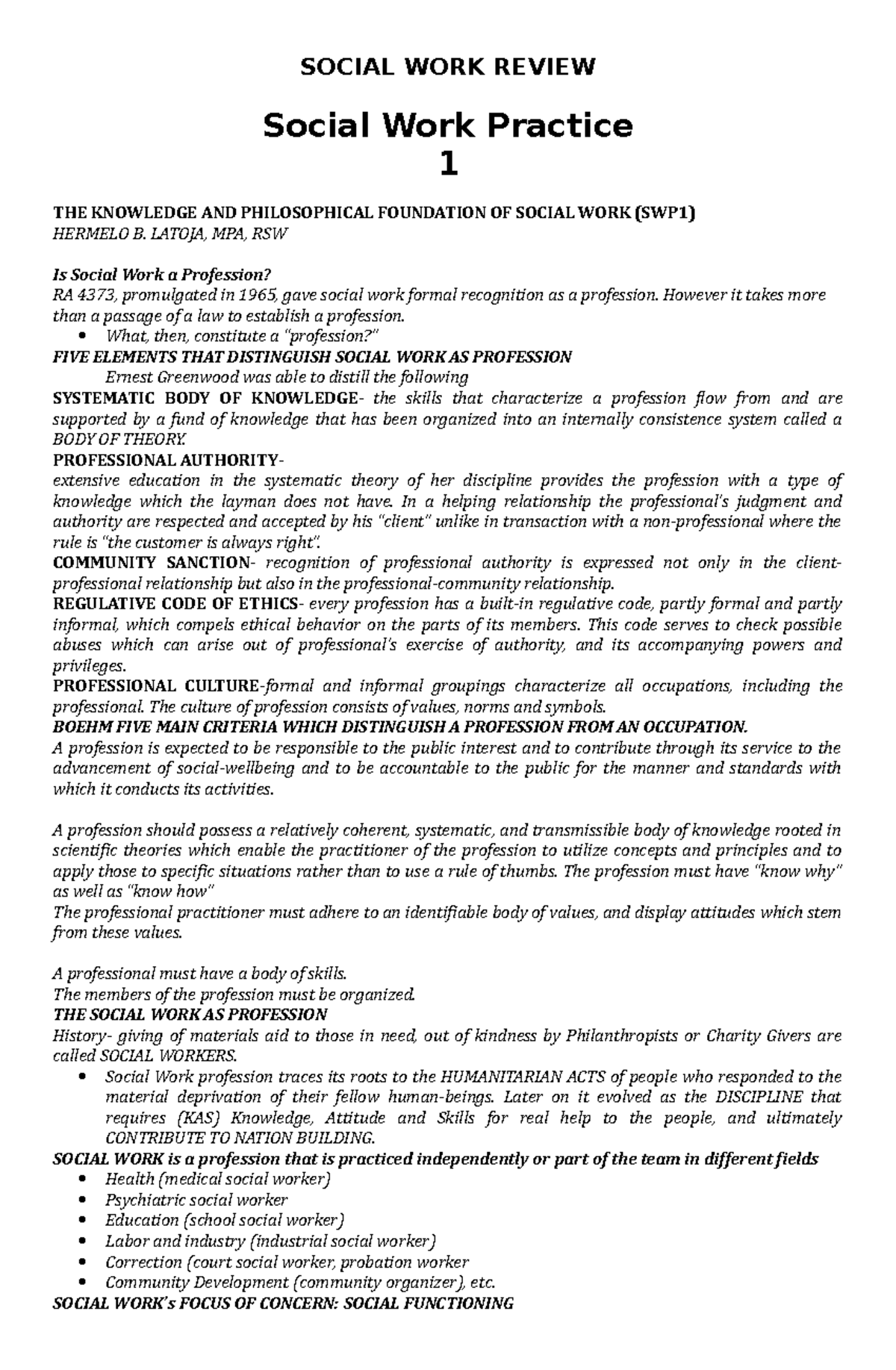 SWP1 - Philosophical Foundations and Knowledge of Social Work Practice ...