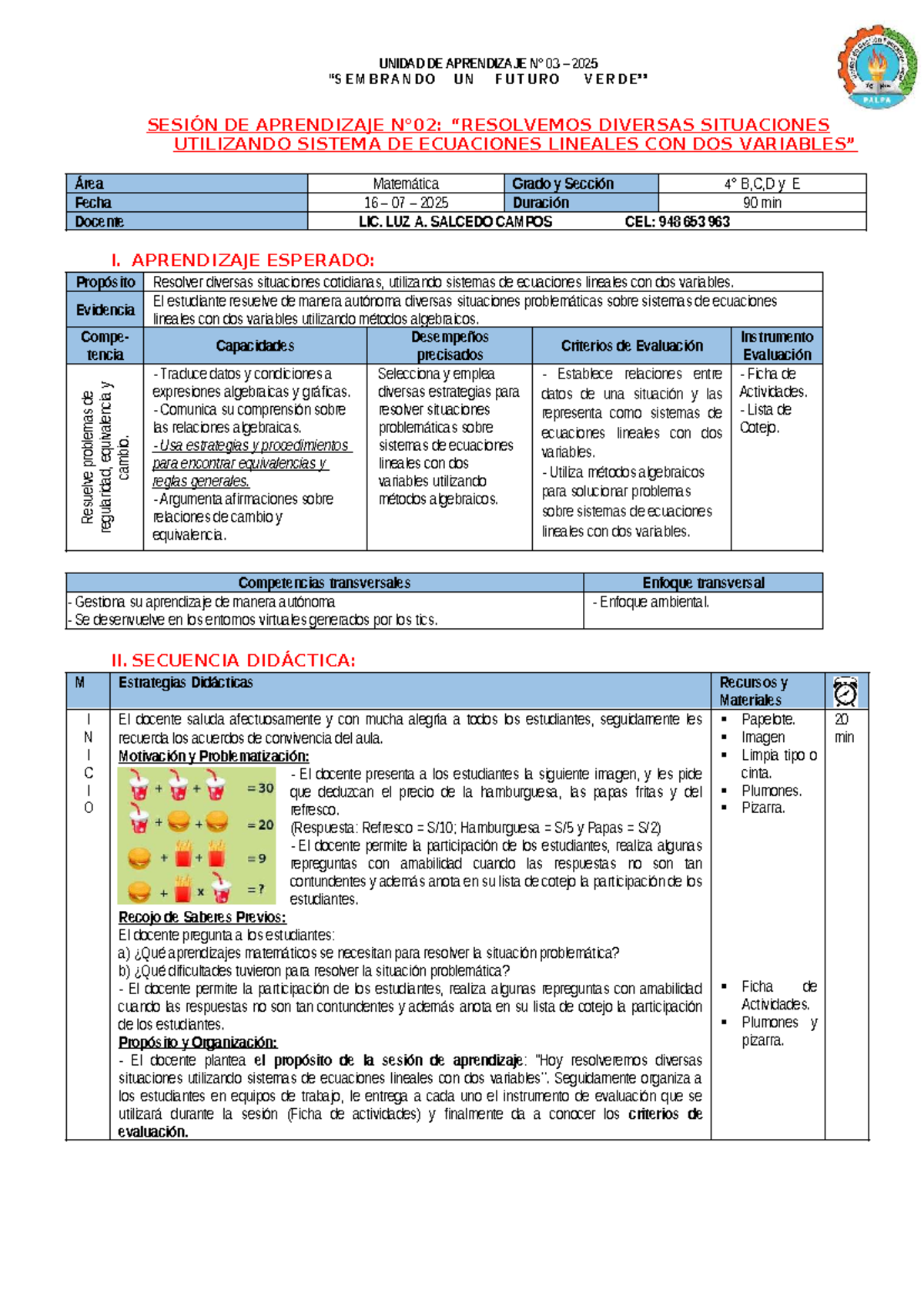 UNIDAD DE APRENDIZAJE 03: SISTEMAS DE ECUACIONES LINEALES 2025 - Studocu