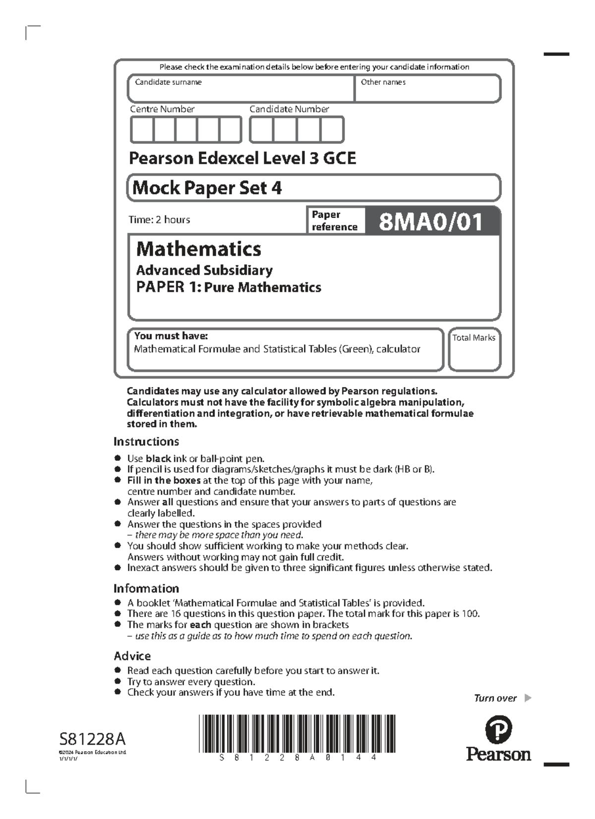 Pure Mathematics (AS Level) Mock Exam Set 4 Answers - Studocu