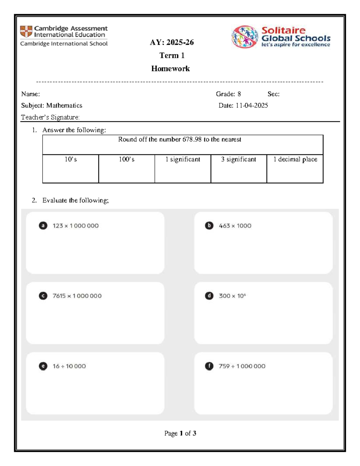SC1634: Term 1 Math Homework Assignment for Grade 8 - Studocu