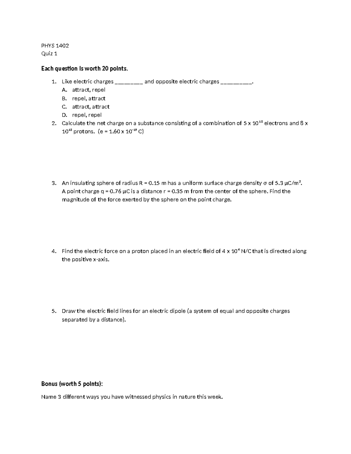 PHYS 1402 - Quiz 1 Lecture Notes and Practice Questions - Studocu