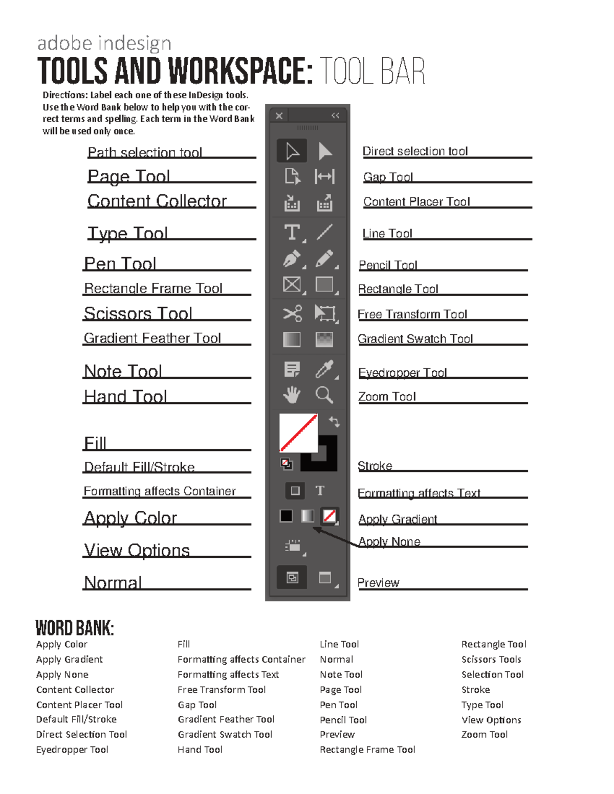 Indesign Tools and Workspace Worksheet: Tool Bar Directions - Studocu