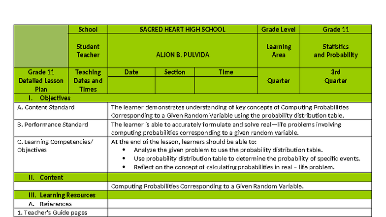 MATH 4B: Detailed Lesson Plan on Computing Probabilities - Studocu