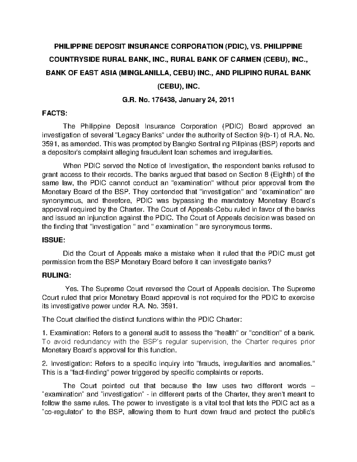 PDIC RA No. 3591 Case Digest: Supreme Court Ruling on Investigative ...