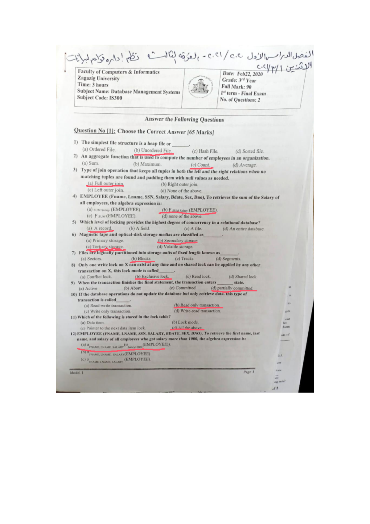 DBMS exam - Database2 Final Exam - Computer - Studocu