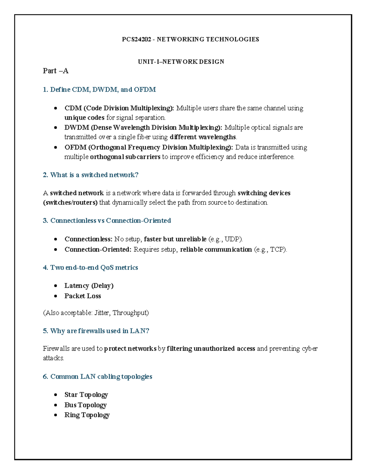 PCS24202 Networking Technologies Design: CDM, DWDM, OFDM & Network ...