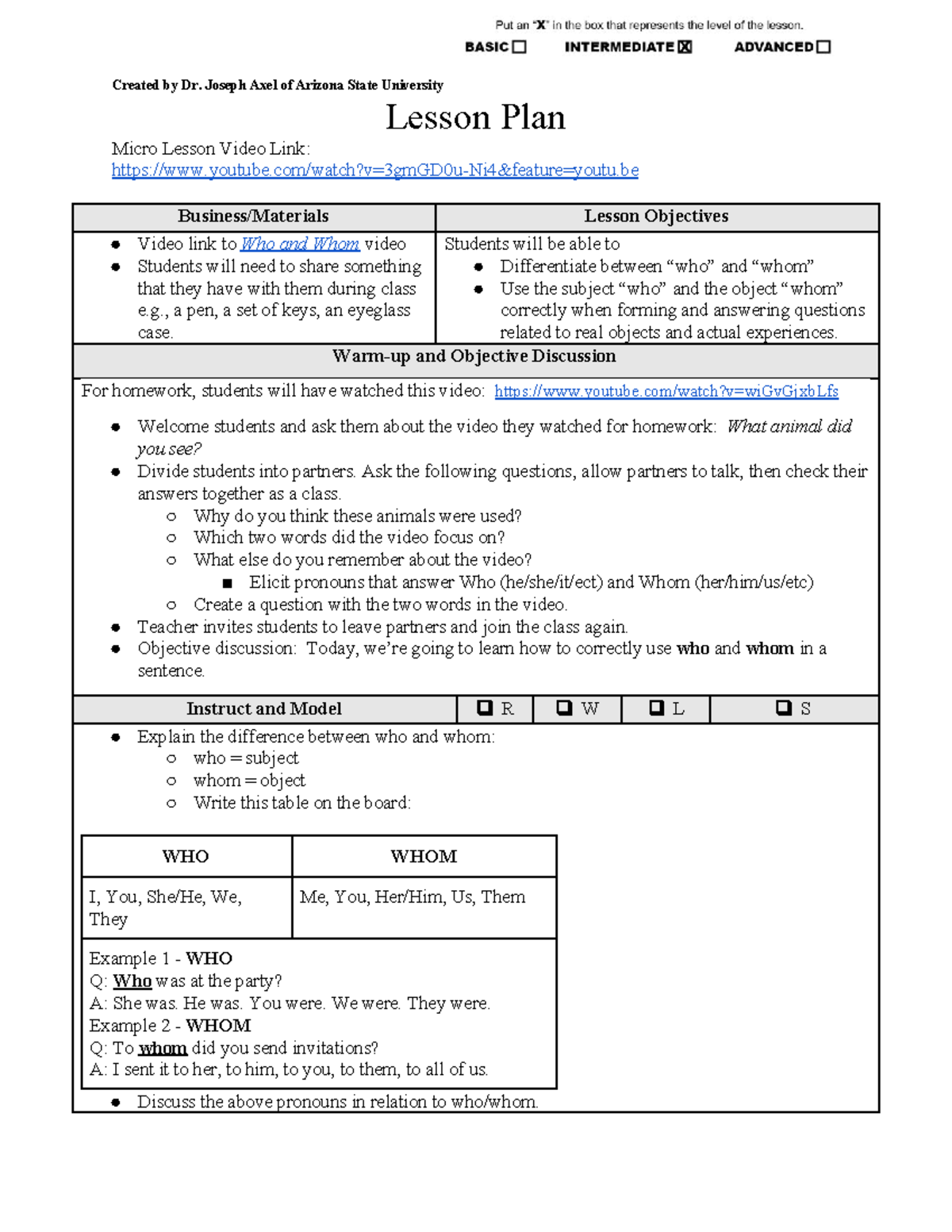 ASU ENG 101 Lesson Plan: Using Who vs. Whom in Sentences - Studocu