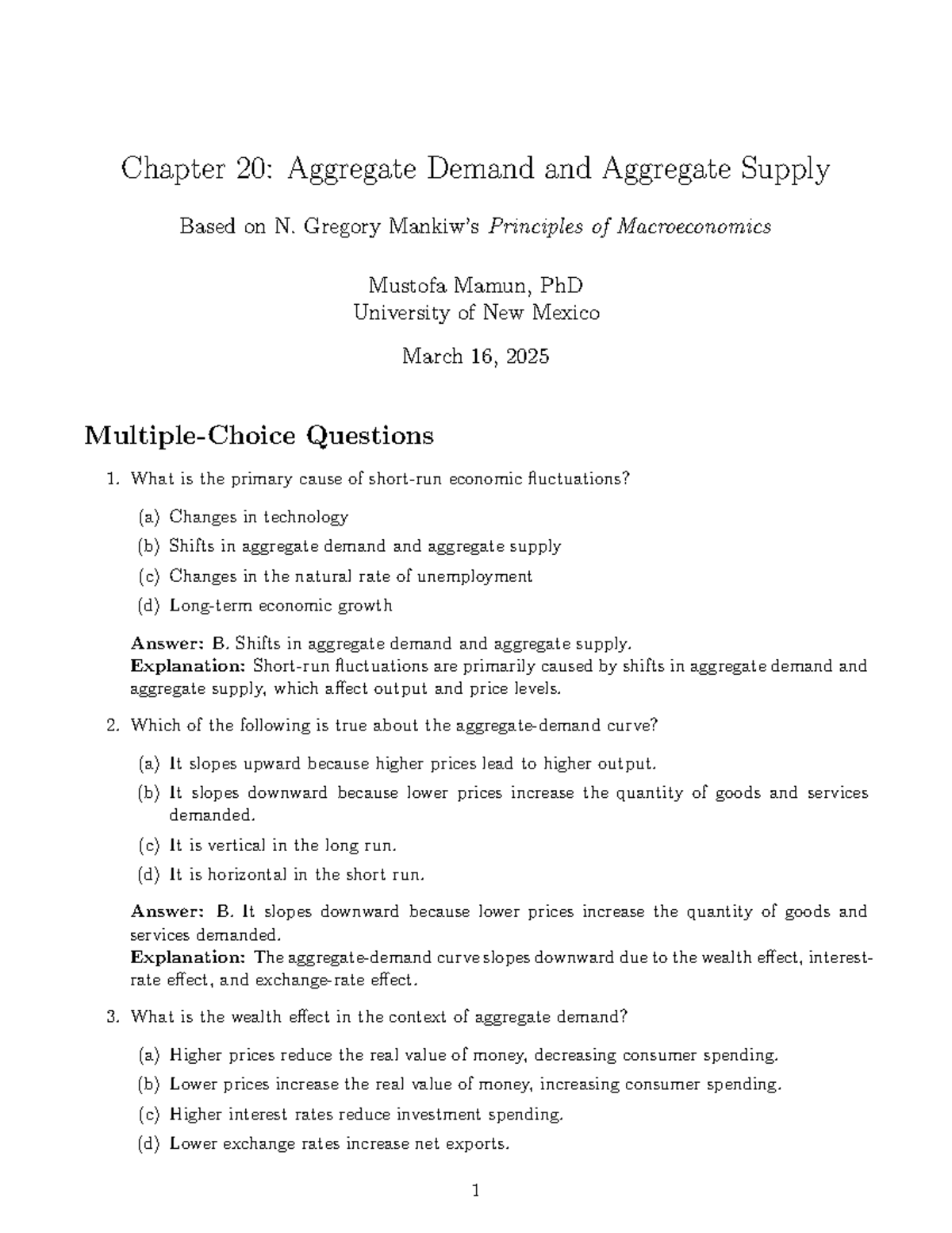 Comprehensive MCQs on Aggregate Demand & Supply (Econ 101) - Studocu