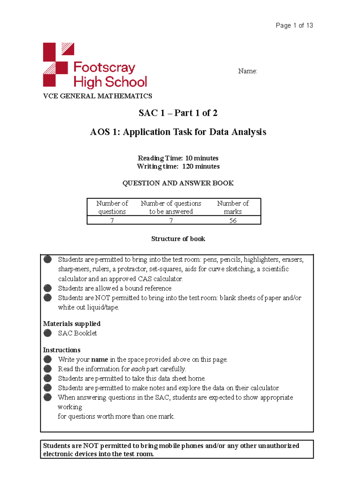 2025 VCE GENERAL MATHEMATICS SAC 1: Data Analysis Application Task ...