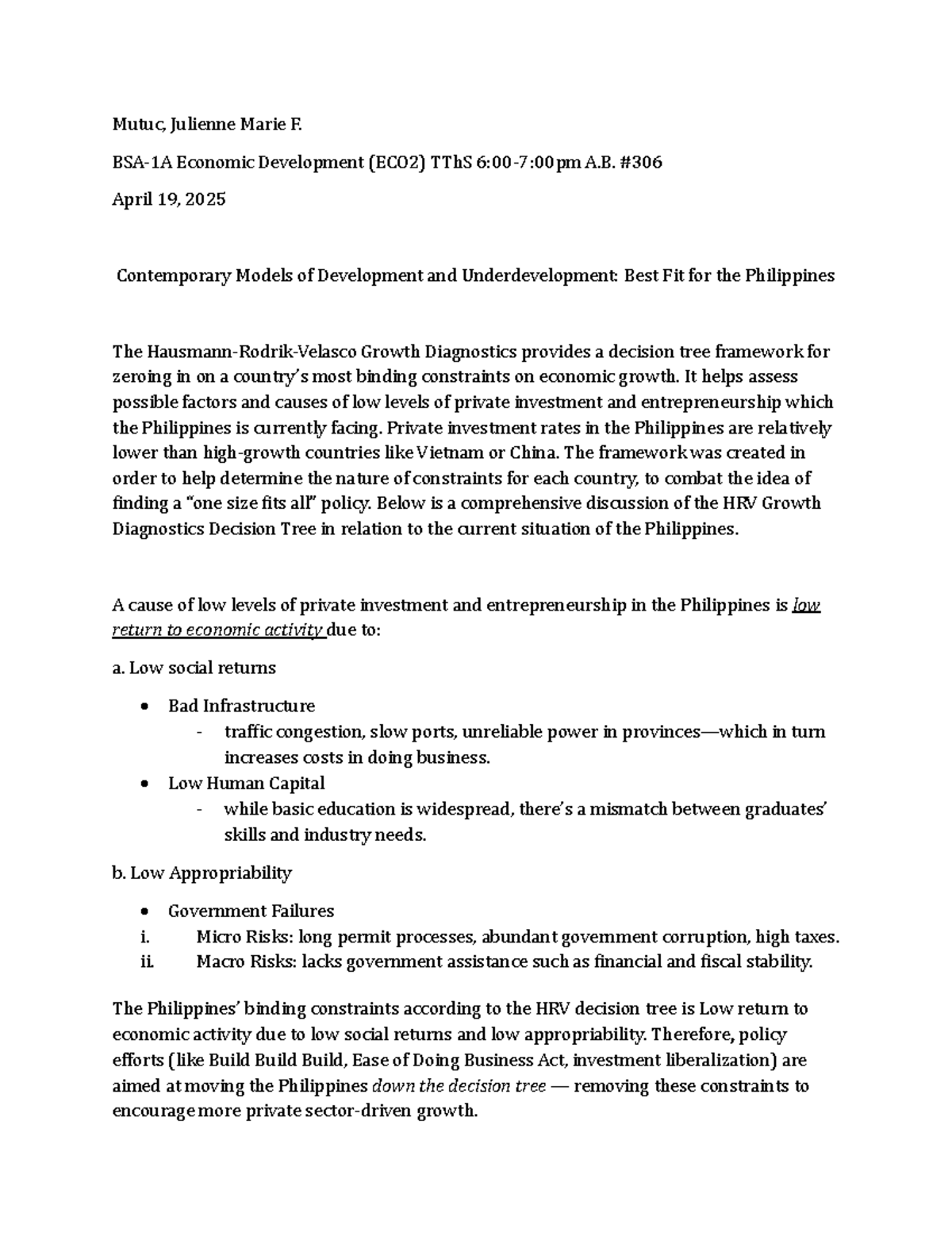 ECO2 Midterm A3: Growth Diagnostics & Economic Constraints in the ...