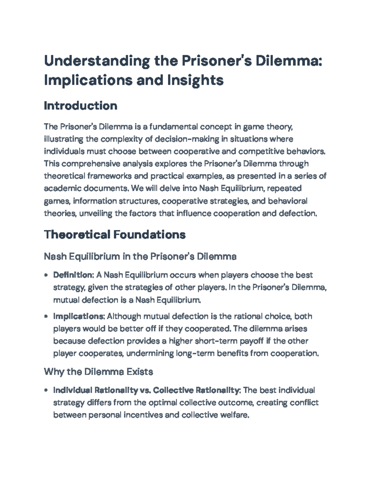Prisoner's Dilemma Analysis: Theoretical Foundations and Implications ...