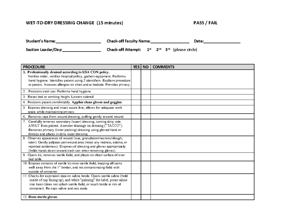 WET-TO-DRY DRESSING CHANGE Checklist - 10th Edition Guide - Studocu
