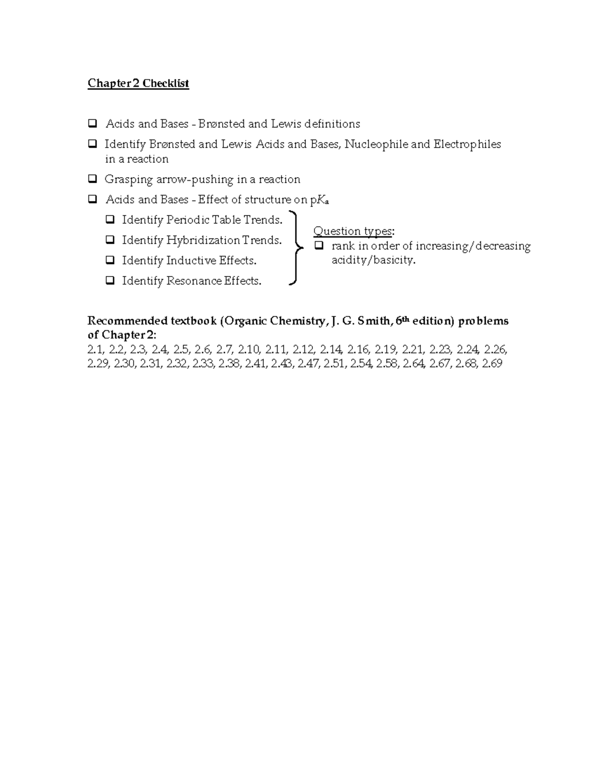 Ch2 Checklist textbook problems - Chapter 2 Checklist Acids and Bases ...
