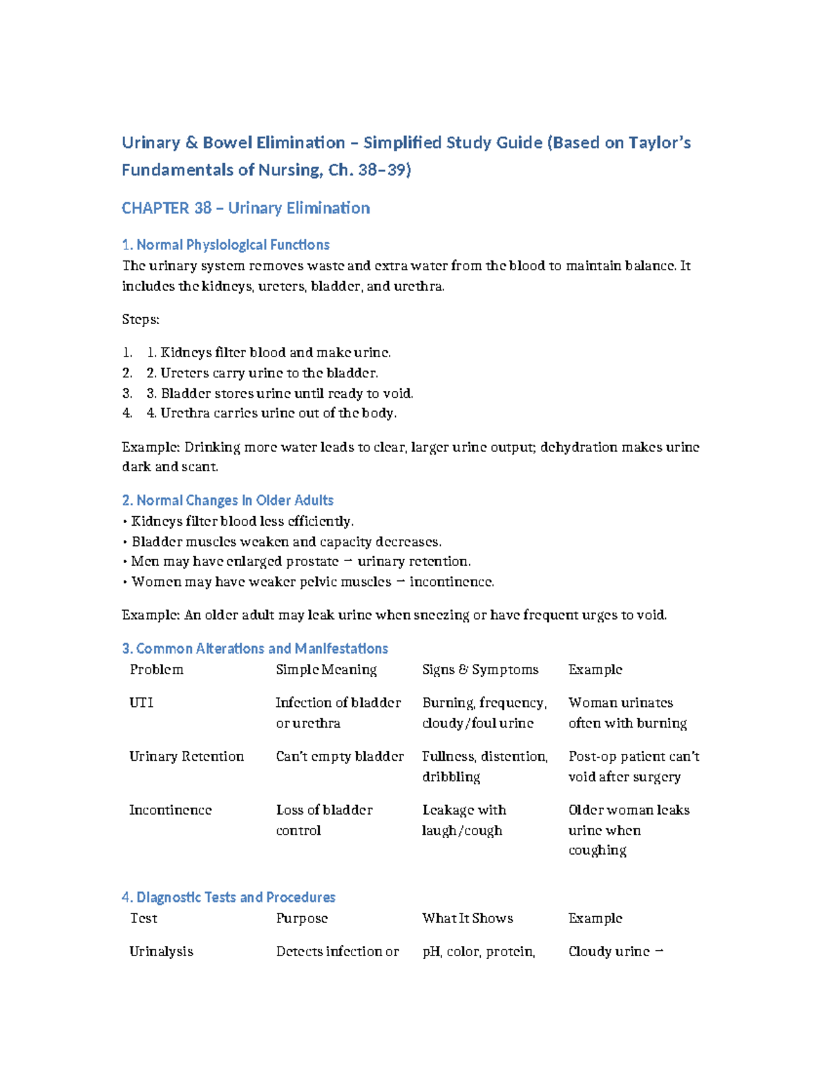 Urinary and Bowel Elimination Study Guide (Nursing 101, Ch. 38-39 ...