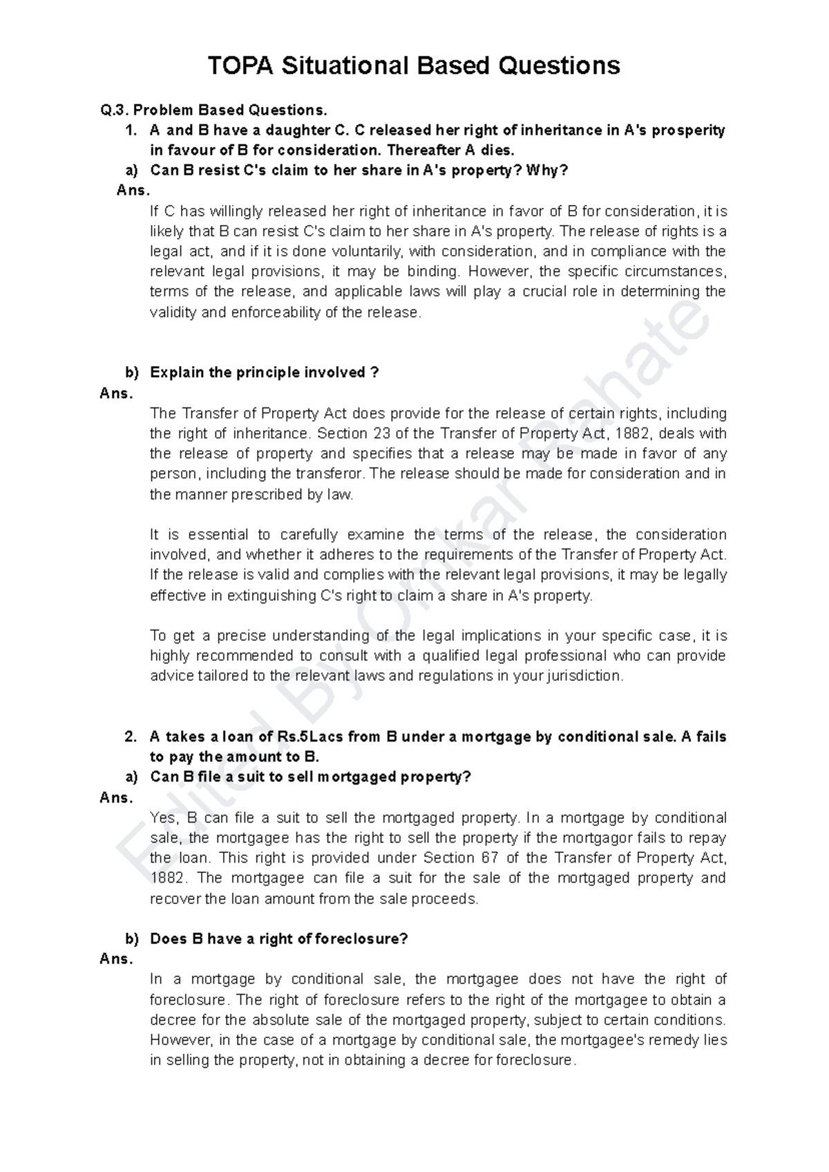 TOPA Situational Based Questions: Property Law Analysis - Studocu