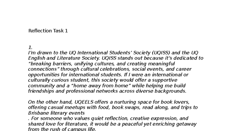 UQ Reflection Task 1: Exploring Societies and Study Spaces - Studocu