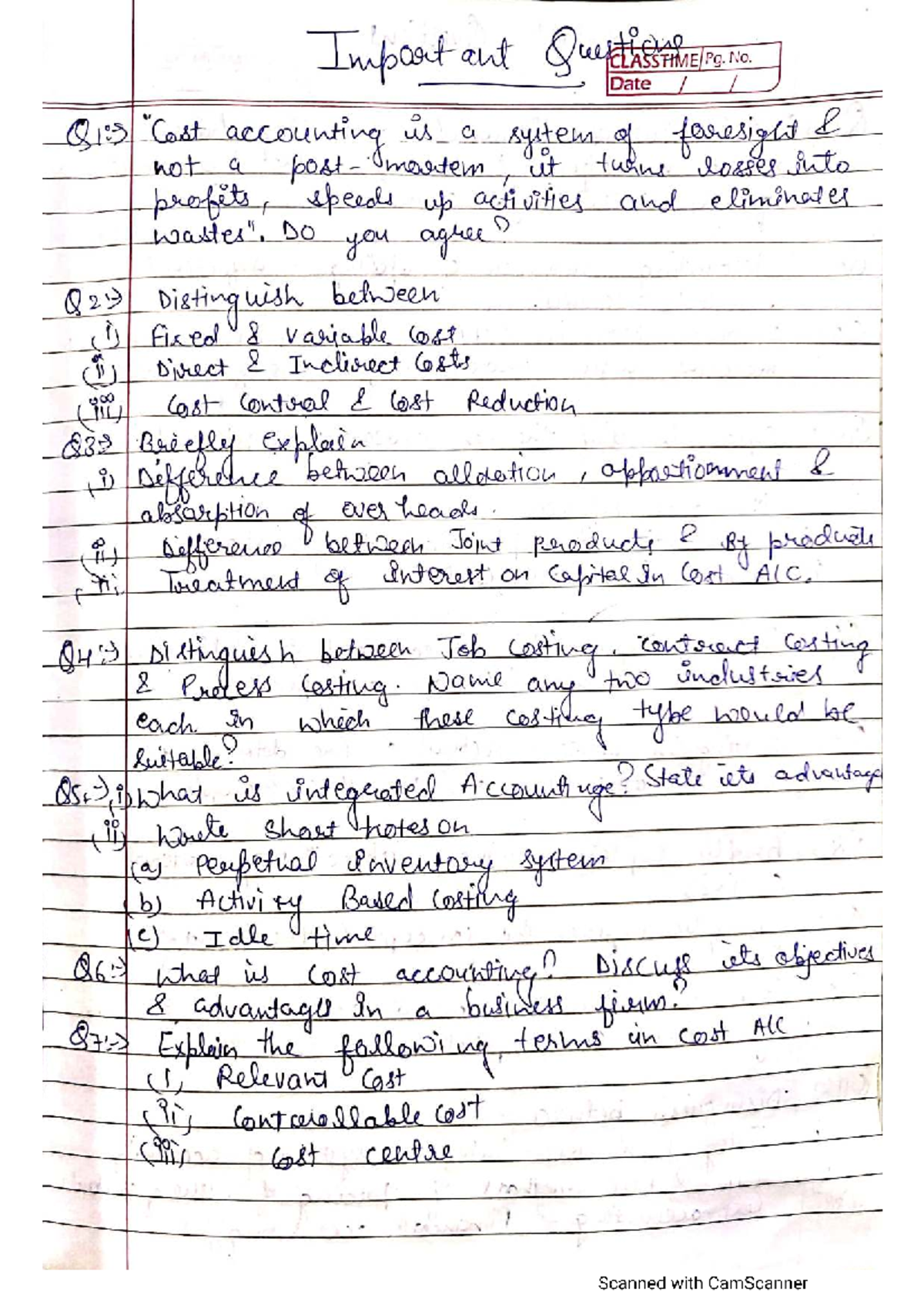 Cost Accounting Important Questions CLASSTIME: Key Concepts ...