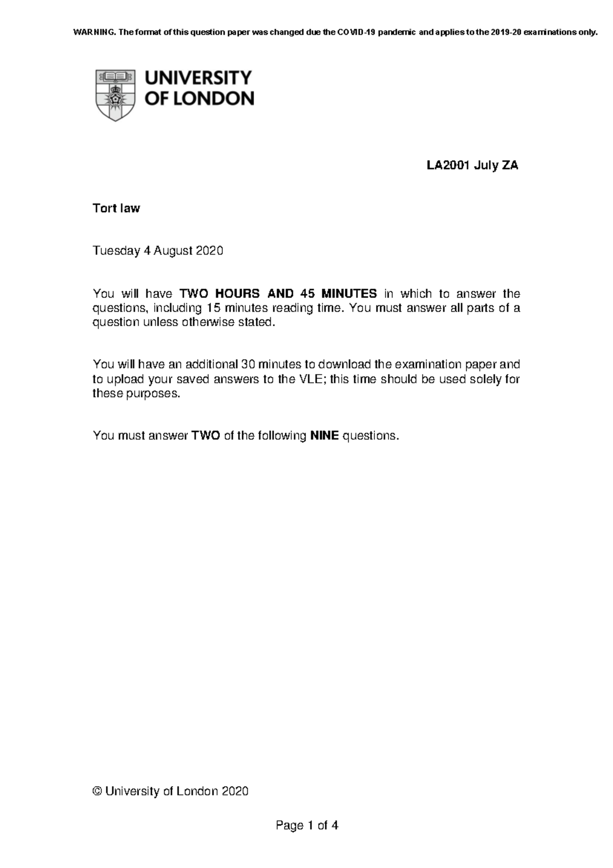 LA2001 Tort Law Exam 2020: Questions & Answers for Review - Studocu