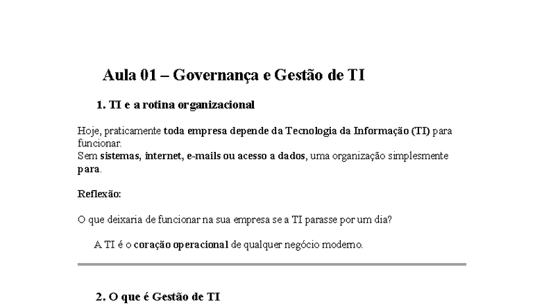 Aula 01: Governança e Gestão de TI - Importância e Práticas - Studocu