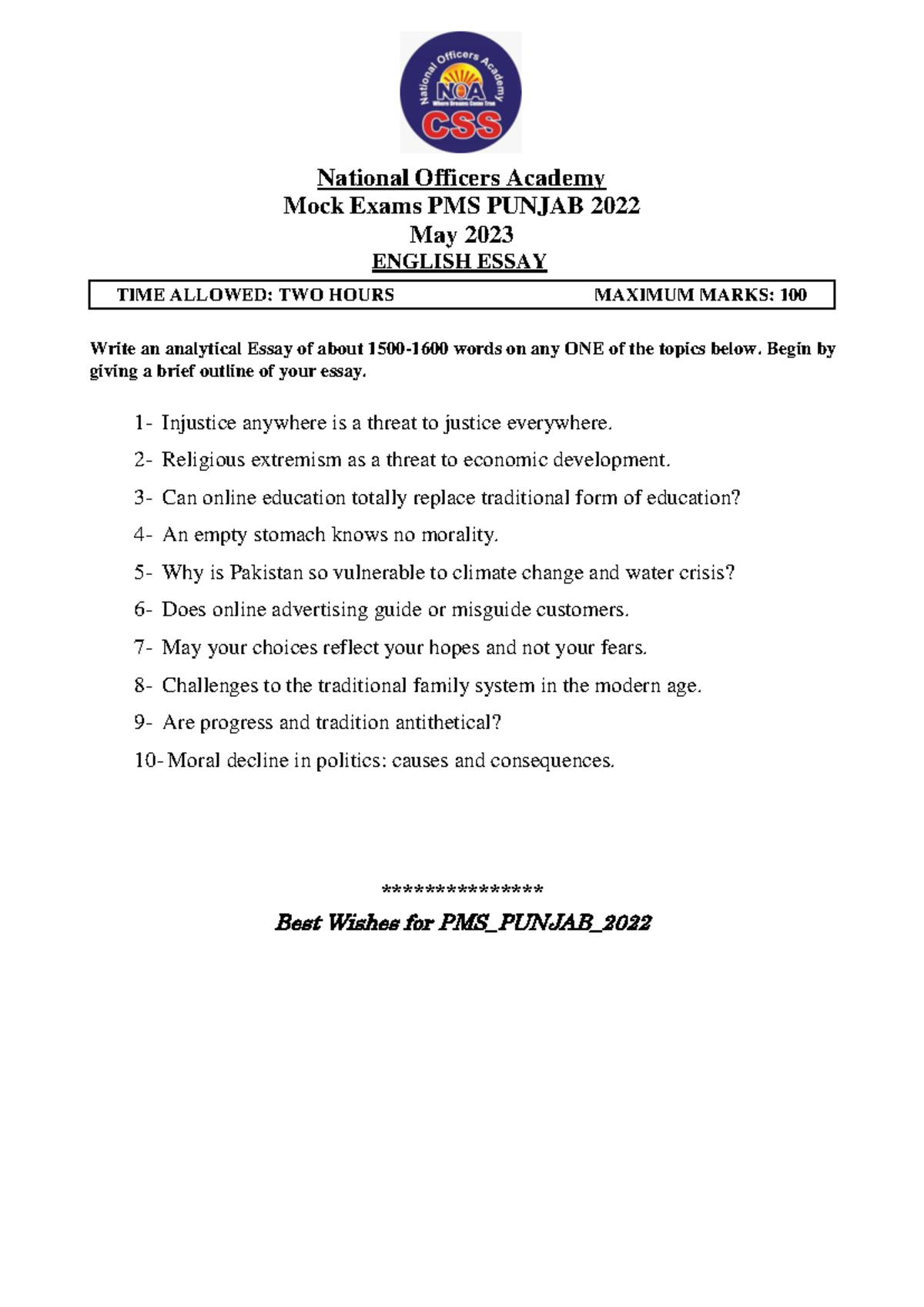 PMS Punjab 2022 Mock Exam Essay - Analytical Topics for Practice - Studocu