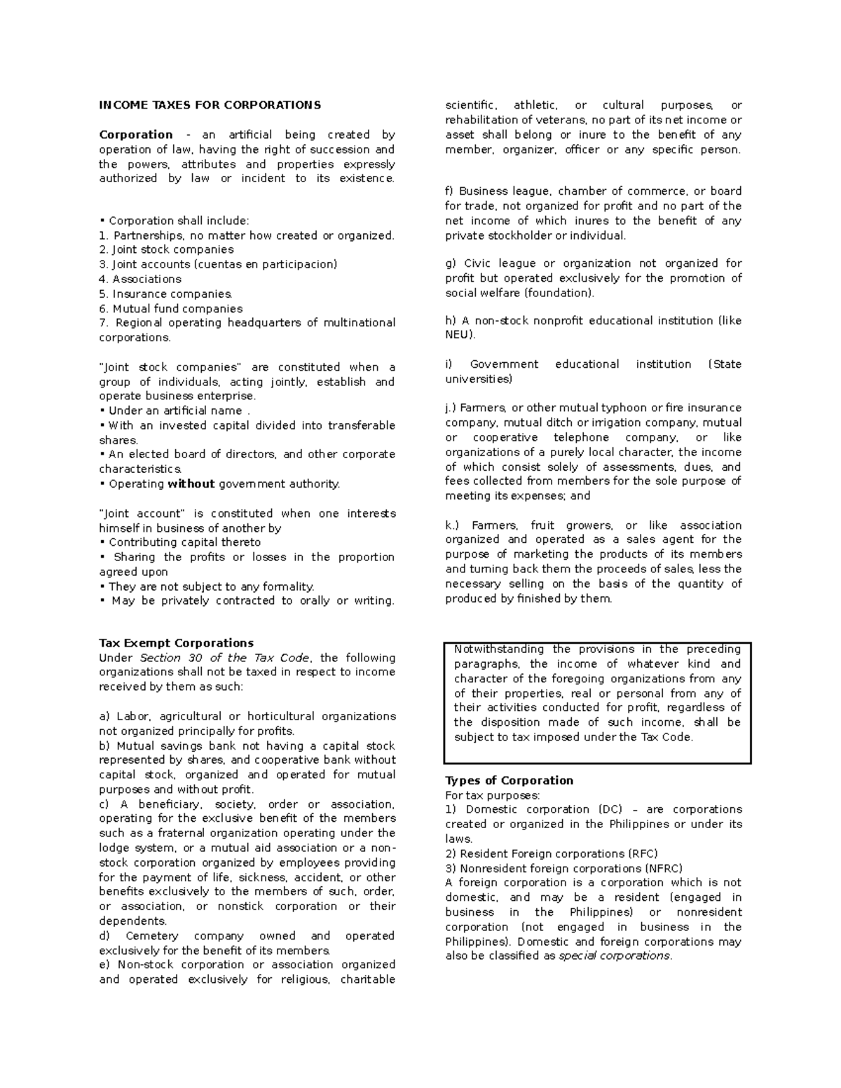 Chapter 6 Summary: Corporate Income Tax Regulations and Exemptions ...