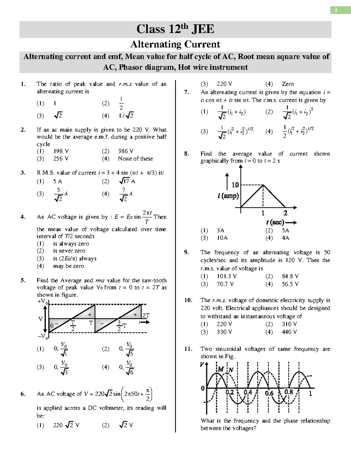 Class 12th JEE Alternating Current: Key Concepts and Practice Questions ...