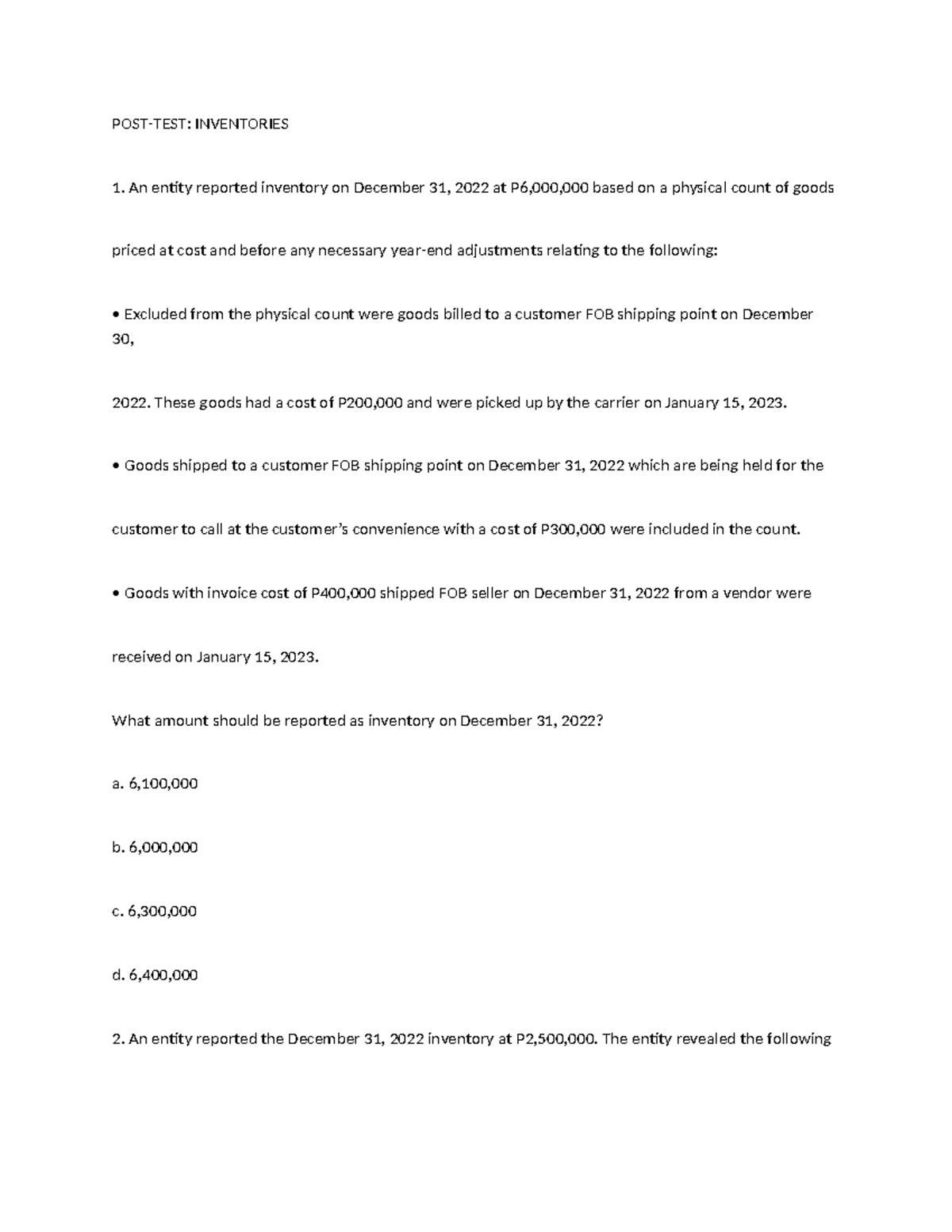 Postinv - POST-TEST: INVENTORIES An entity reported inventory on ...