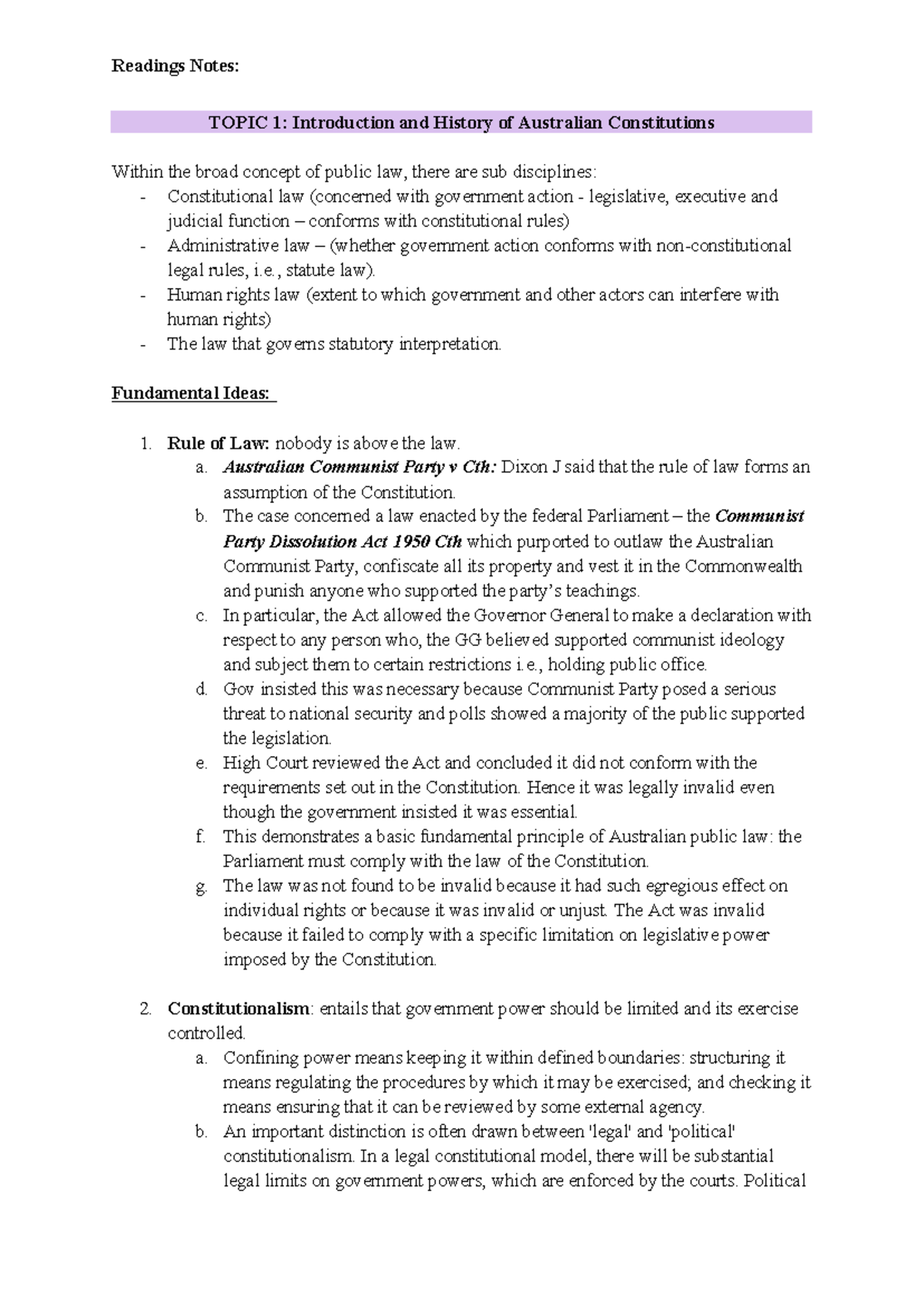 Public Law Readings Notes (Topics 1-5) - TOPIC 1: Introduction and ...