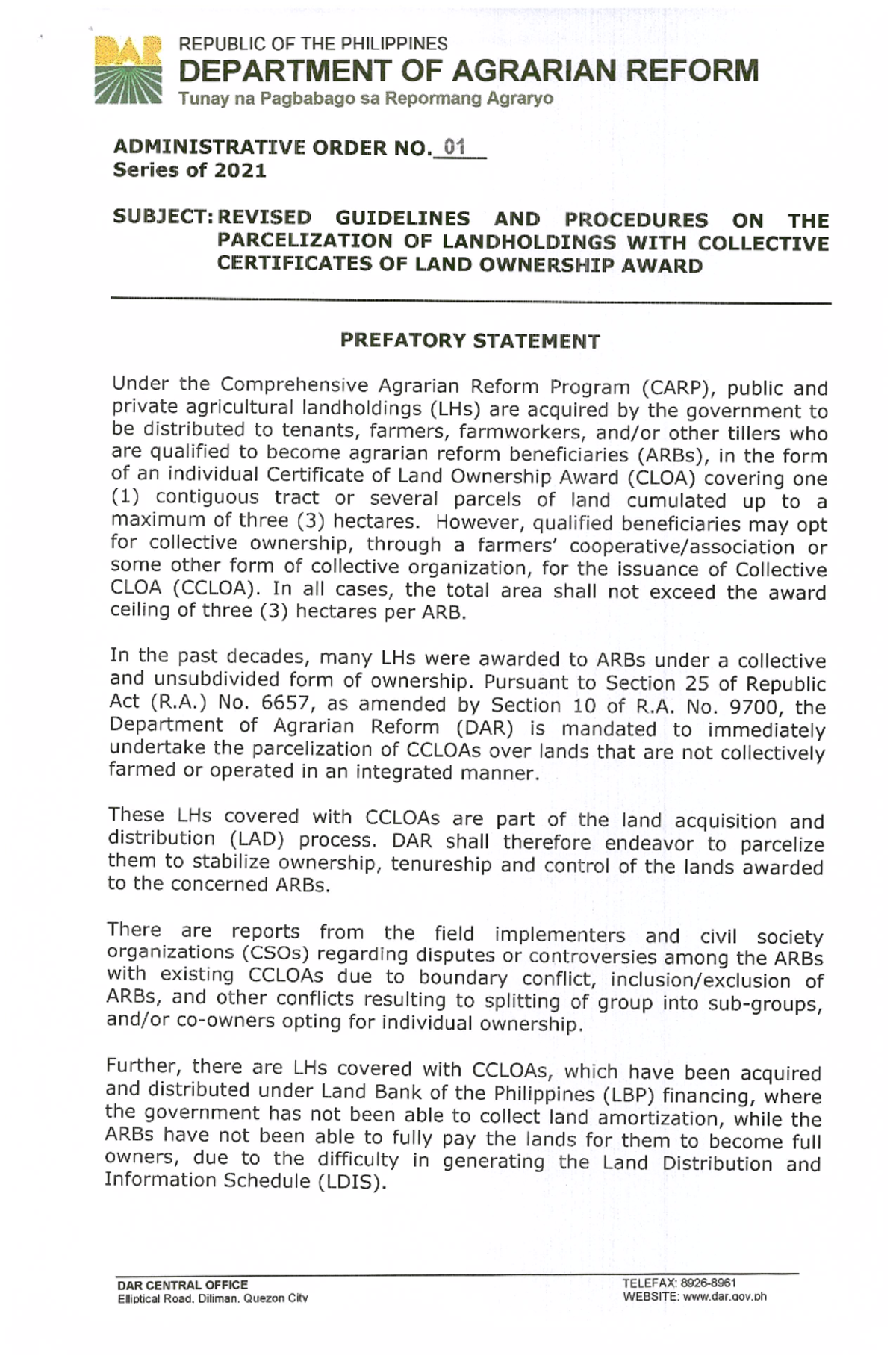 Revised Guidelines on Parcelization of Landholdings - AO No. 1, 2021 ...