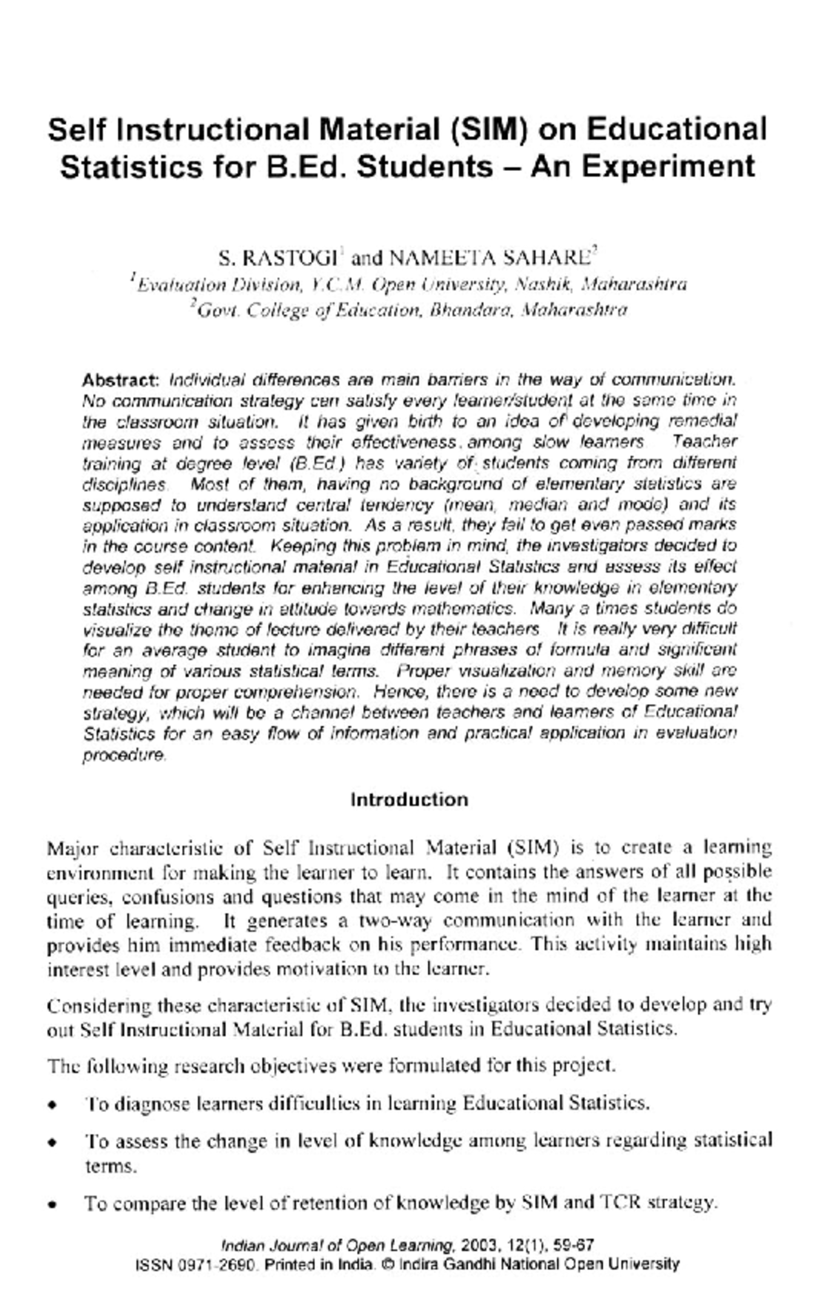 Self-Instructional Material (SIM) in Educational Statistics for B.Ed ...