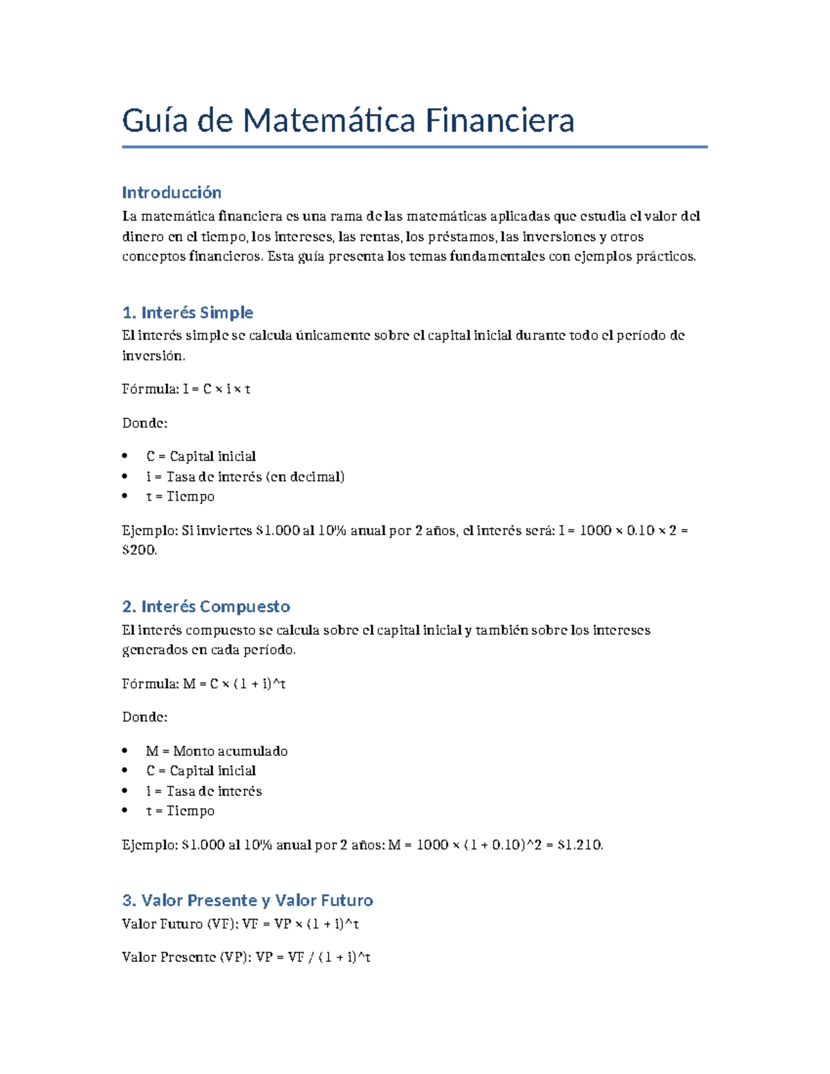 Guía de Matemática Financiera: Conceptos Clave y Ejemplos - Studocu