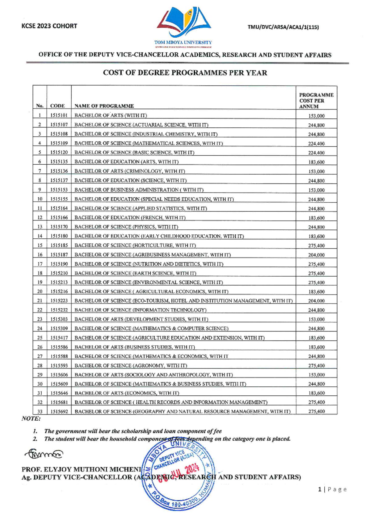 Fee Structure for Degree Programs - Tom Mboya University 2024 - Document Preview
