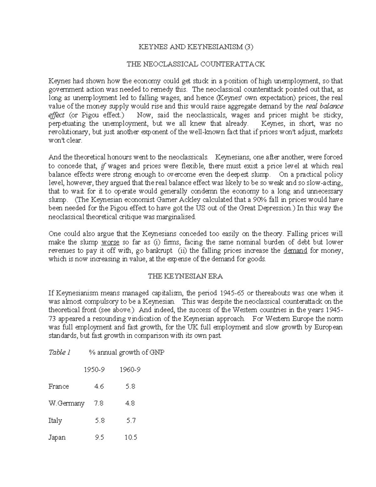 Handout 15 - Keynesianism and the Neoclassical Counterattack Overview ...
